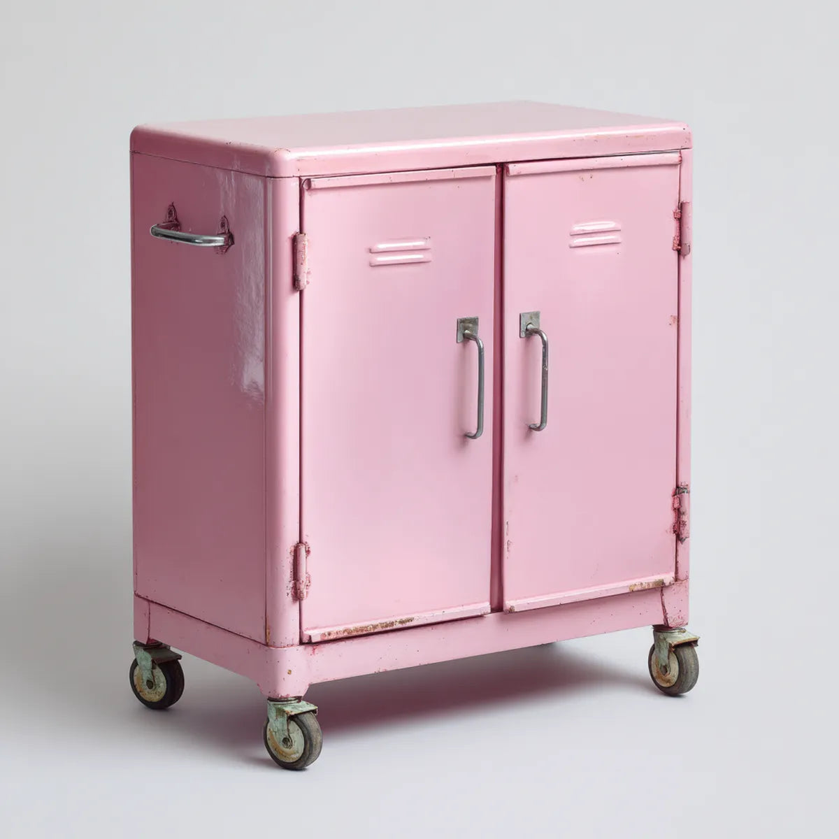 Bürowagen Aktenschrank Rosa aus lackiertem Stahlblech mit 2 Türen und 4 Rollen 80 x 45 x 85 cm
